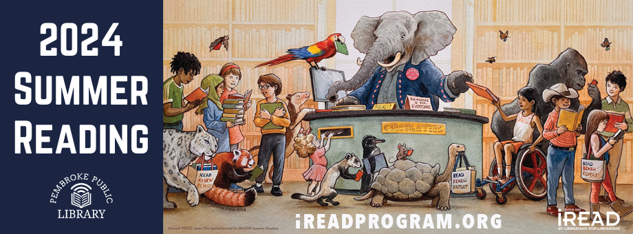 A cartoon scene of a busy library full of both kids and animals sharing books, reading, and moving around. Next to the cartoon are the words 2024 Summer Reading.