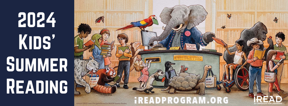 A cartoon scene of a busy library full of both kids and animals sharing books, reading, and moving around. Next to the cartoon are the words 2024 Kids' Summer Reading.