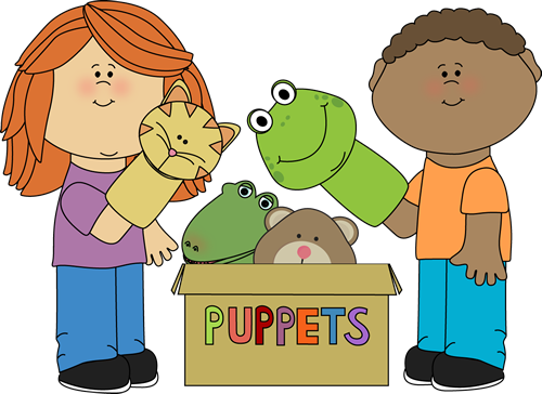 Clipart of two children playing with puppets from a box of puppets