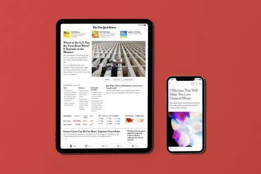 A tablet and a phone side by side. Both feature a different article from the New York Times.