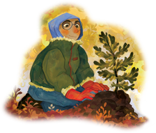 A cartoon teen kneeling on the ground and patting dirt around a sappling. The teen is wrapped in a winter coat and gloves.