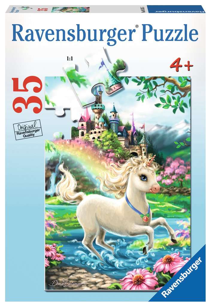 Unicorn Castle puzzle box. Box text reads Ravensburger Puzzles ages 4 plus 35 pieces