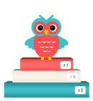 Illustrated owl with red and blue feathers stands on a pile of books.