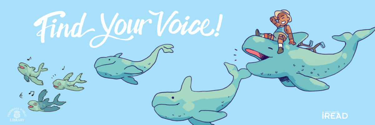 Cartoon whales and fish in pastel colors; a person with a large smile is on top of the biggest whale and a pair of forearm crutches rests behind them. Text above whales read Find Your Voice.