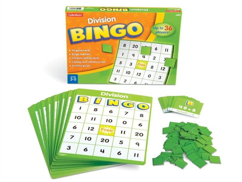 Box for Division BINGO next to a pile of cardboard marking pieces, calling cards, and a BINGO card. The top BINGO card has 24 spaces, each with a different number. The top calling card reads 48 divided by 8, Answer equals 6.