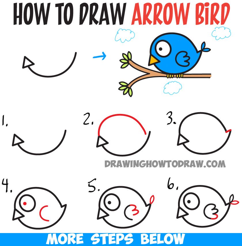 How to Draw Arrow Bird: (Step 1) Draw an arrow as we did above.  (Step 2) Draw a curved line for the top of the bird.  (Step 3) Connect the arrow and top of the bird with a line.     (Step 4) Draw a dot in the eye and a letter ‘c’ for the wing.  (Step 5) Draw a #3 shape on the wing. Draw a leaf shape for one of the feathers.  (Step 6) Draw a backwards letter ‘c’ shape on the wing and draw another leaf shape for the other feather on the back of the bird.  (Step 7) Draw 6 ovals for the bird’s toes/claws.  (Step 8) Draw lines for the branch.  (Step 9) Draw a sideways letter ‘v’ shape for the forking of the branch.  (Step 10) Draw 2 curved lines around the ‘v’ shape on the branch.  (Step 11) Draw a bunch of leaves.