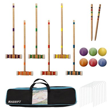 Picture of croquet set with mallet and ball.