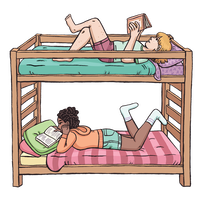A bunk bed with one teen on each bed; both are reading books.