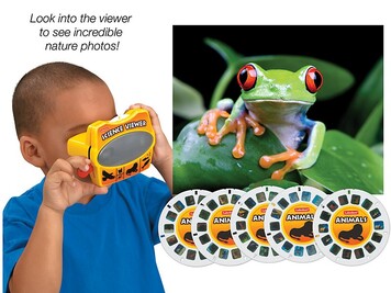 ID: Child holding yellow Science Viewer up to eyes under text that reads 
