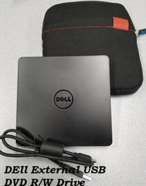 Picture of external DVD drive with USB cord and case.