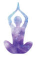 Purple, white, and blue silhouette of person sitting with hands above head in yoga pose.