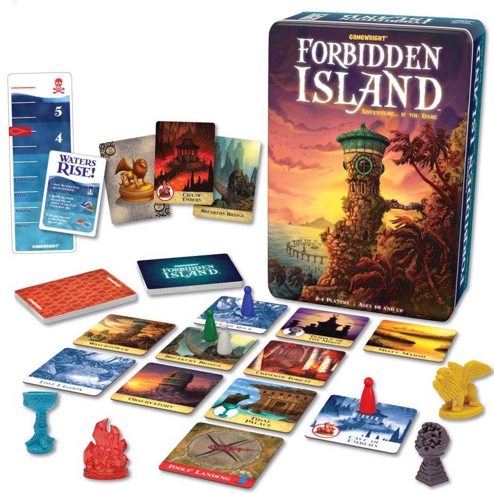 Picture of Forbidden Island game box and pieces.