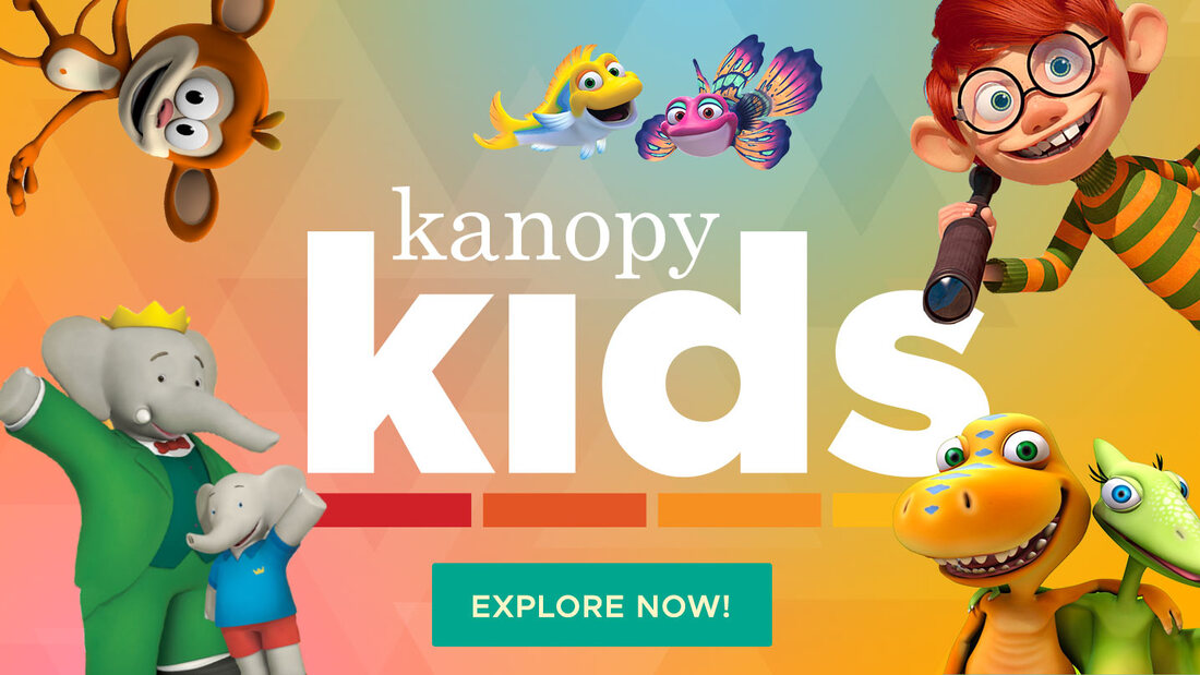 Kanopy Kids logo with cartoon characters like Babar and Buddy from Dinosaur Train.