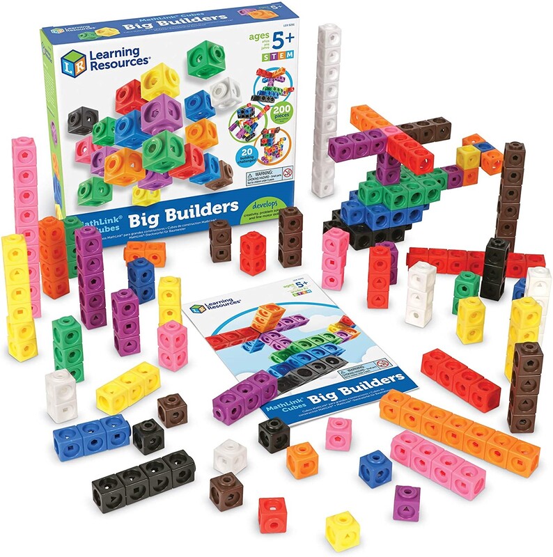 ID: Individual and stacked rows of colorful cubes are arranged in front of a box depicting these same cubes. Box reads Learning Resources Big Builders on front. To right of box is the likeness of a helicopter built from the cubes. In the center of the stacked cubes is a flat page that has an image of the helicopter and the same text and design of the box surrounding it.