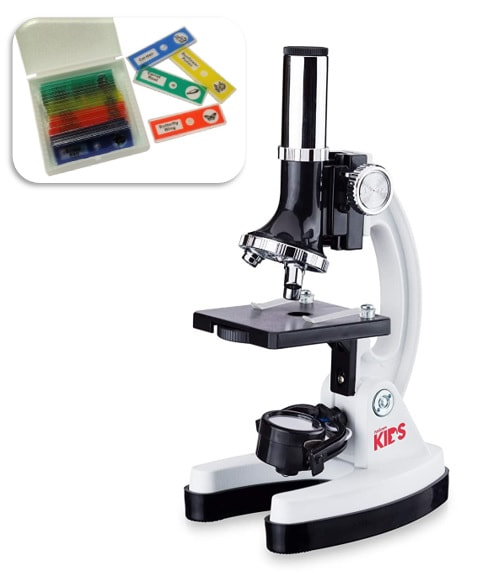 ID: Compound microscope with rotating turret above stage (where slides are placed). Framed image to left shows open white case with multi-color slides.