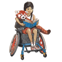 Cartoon girl sitting in a wheelchair with a book open and a red panda in her lap, also looking at the book.