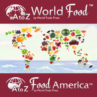 AtoZ World Food and AtoZ Food America logos with a variety of fruits and vegetables arranged in the shape of the Earth's continents.