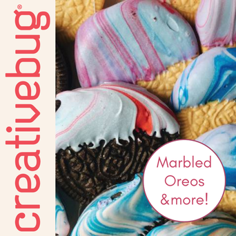 Creativebbug logo next to a photo of oreos dipped in multi-colored frosting.