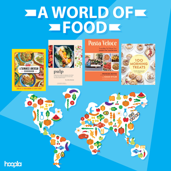 Hoopla logo featuring the continents with food on the map and the text 