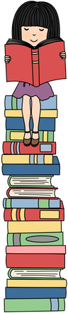 Girl smiling and sitting on top of stack of books, with red book open. Clipart creation credit to Mae Hates Mondays