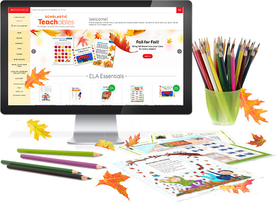 A computer monitor with the Scholastic Teachables home page displayed